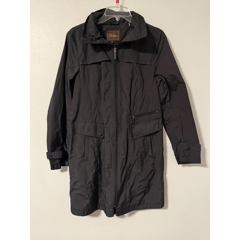 Cole Haan Womens Black Hooded Windbreaker Trench Coat Mid-Length Rain Jacket M
